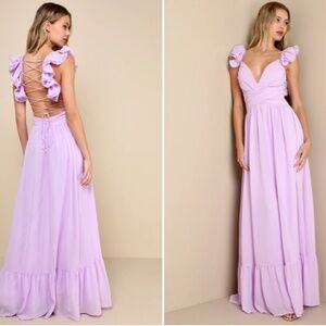 LULU's Prom Wedding Flowy Romantic Ruffle Corset Tie Back Maxi Dress NWOT